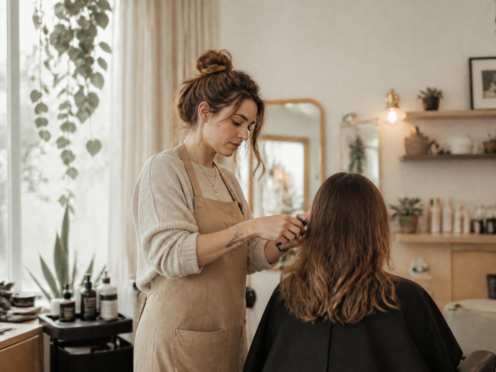 Stylist styling a client's hair in a warm, light-filled boutique salon